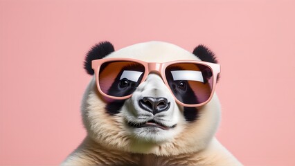 Panda Bear in sunglass shade on a solid uniform background, editorial advertisement, commercial. Creative animal concept. With copy space for your advertisement