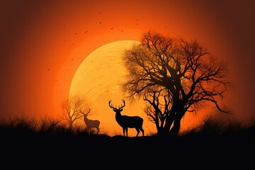 Vivid scenery: deer, trees, mysterious night, orange sky, big moon, nature, animals, plants, magical background, fiery dawn. Generative AI