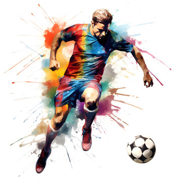 soccer players with ball, soccer players in action, watercolor