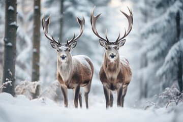 Two cute reindeers in lapland in a reindeer farm, in the forest, snowing day.