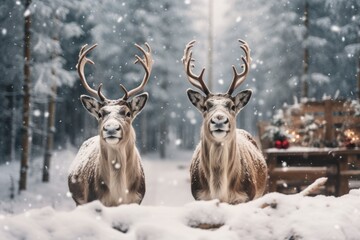 Two cute reindeers in lapland in a reindeer farm, snowing day.