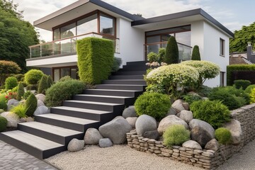 Contemporary front yard with angular external staircase and rockery. Generative AI