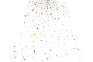 Rainbow color confetti falling down, PNG. Falling multicolored confetti isolated on transparent background. Design element for posters, flyer, invitation,