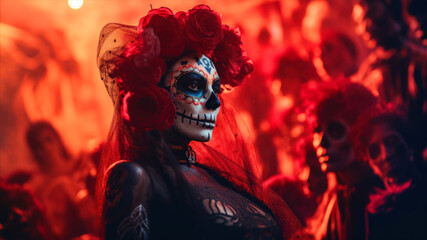 Day of the Dead, sugar skull woman with red roses in her hair