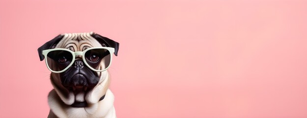 Pug dog in sunglass shade on a solid uniform background, editorial advertisement, commercial. Creative animal concept. With copy space for your advertisement