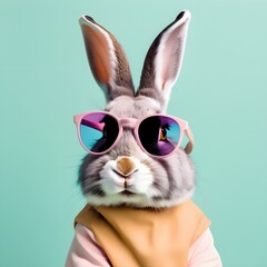 Rabbit Bunny in sunglass shade on a solid uniform background, editorial advertisement, commercial. Creative animal concept. With copy space for your advertisement