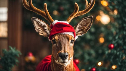Gordijnen Cartoon deer head with santa hat © tanya78
