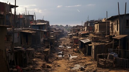 Income inequality, a view of a slum with dilapidated shanty houses. Poor people concept, Flimsy shacks with corrugated tin roofs make up a township