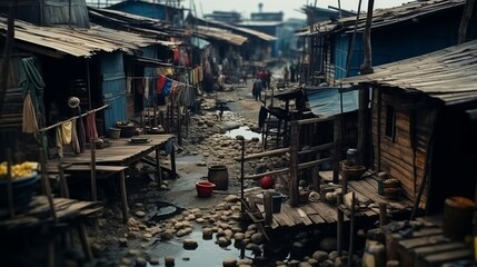 Income inequality, a view of a slum with dilapidated shanty houses. Poor people concept, Flimsy shacks with corrugated tin roofs make up a township - obrazy, fototapety, plakaty