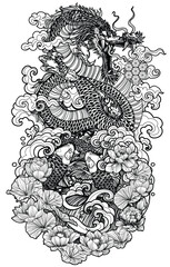 Tattoo art dragon in the lotus pond and koi fish drawing sketch