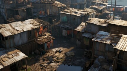 Income inequality, a view of a slum with dilapidated shanty houses. Poor people concept, Flimsy shacks with corrugated tin roofs make up a township