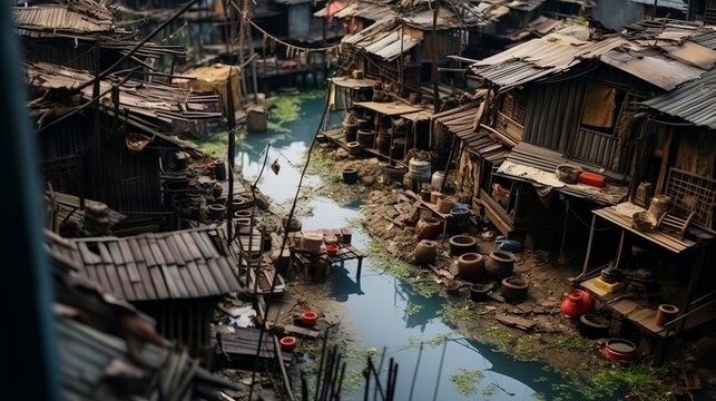 Income inequality, a view of a slum with dilapidated shanty houses. Poor people concept, Flimsy shacks with corrugated tin roofs make up a township