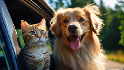 Cat and dog sitting in the car. Close-up portrait.