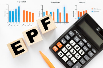 EPF, employees provident fund symbol. text on wooden blocks. financial charts