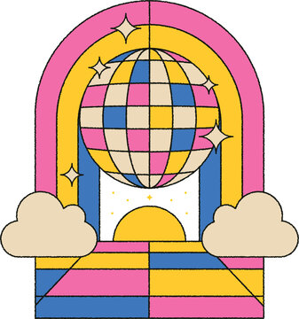 A 1970s 1960s  retro illustration of a disco mirror ball with clouds and boho rainbow with sun, dancefloor and stars in an archway floor badge shape