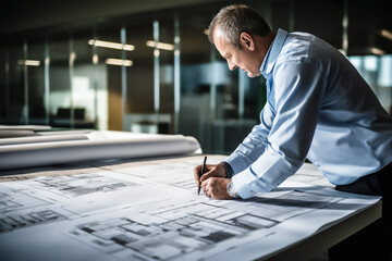 Engineering working and pointing construction blueprints on new project at desk in office.