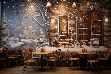 Fototapeta na wymiar A warm and inviting holiday coffee shop adorned with snowy decor, cozy lighting, and winter scenery wallpaper. Generative AI