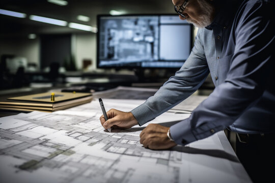 Engineering working and pointing construction blueprints on new project at desk in office.