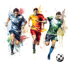 Naklejka premium group of soccer players, soccer player kicking ball, watercolor.