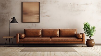 Mid-century style interior design of modern living room with terra cotta sofa and brown leather armchairs