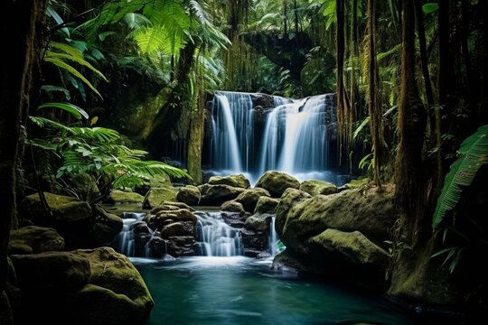 Serene waterfall in lush rainforest mountain, offering breathtaking view of an exotic and relaxed place. Generative AI