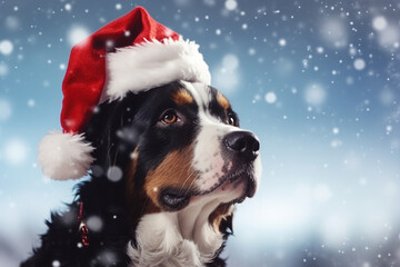 dog wearing a Christmas Santa Claus hat on snow background snowy sky view
