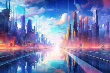 Vibrant, futuristic cityscape in an abstract world with vivid landscapes and a technological aura. Generative AI