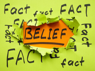 Torn papers with written words fact and belief as concept of bias.