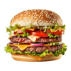 Hamburger isolated on white transparent background, PNG. Fast food