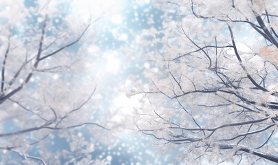 Christmas or new year light blue snowy background. Holiday glowing backdrop with falling snow and blurred bokeh. Defocused winter background with snow fall and copy space. Magic forest