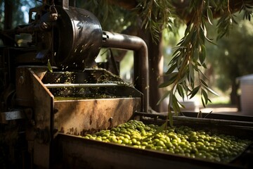 Plant with belt feeding olives into small-scale mill for extracting extra virgin olive oil. Generative AI - obrazy, fototapety, plakaty
