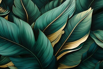 Beautiful golden and green tropical leaf design. Generative AI