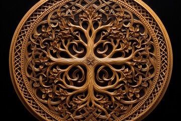 Sacred geometric wooden carving representing the tree of life and spirituality. Generative AI