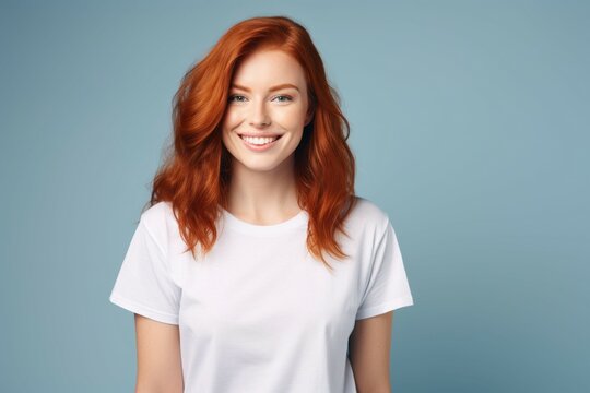 Portrait of a playful ginger model wearing casual blank clothes and smiling. Isolated on a plain colored background. Generative AI.