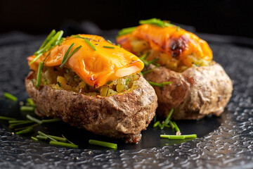Baked potato with cheese and herbs, on a black plate