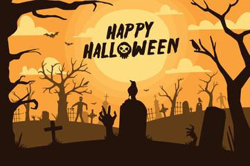 halloween day greeting background with clouds, moon and trees. Free Vector