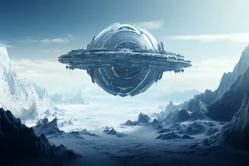 Fotobehang Spaceship soaring icy planet backwards. Generative AI © Aya