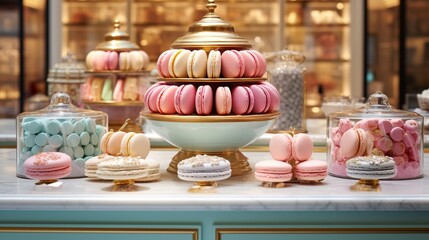 A Parisian-style patisserie with pastel macarons on display and gold trimmings.