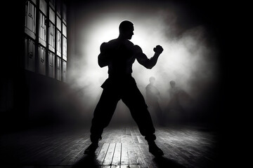 shadowy silhouette of boxer prepares to execute the punch