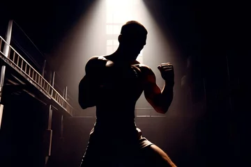 Afwasbaar fotobehang shadowy silhouette of boxer prepares to execute the punch © Emma