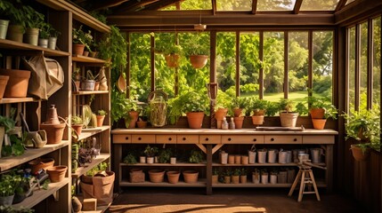 A potting shed with wooden shelves brimming with gardening tools and seedlings. - obrazy, fototapety, plakaty