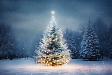 a snowy outdoor scene featuring a radiant Christmas tree adorned with sparkling lights and surrounded by untouched snow