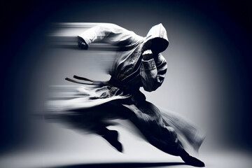 shadowy silhouette of martial artist prepares to execute the punch