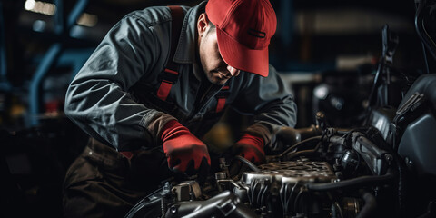 A professional man mechanic working on a car engine in a garage. Car repair service. Hands wear mechanic gloves. Mechanic holding a tool to tighten the nut. Engine cover