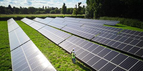 Aerial Drone Shot Of Engineers Inspecting Solar Panels In Field Generating Renewable Energy