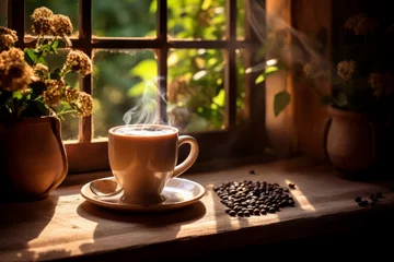 Fotobehang Cup of hot Coffee on a wooden cottage windowsill and a warm autumn blurred Background Outdoor © MD Media