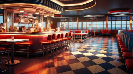 A retro diner with checkered floors and neon signage, absent of patrons.