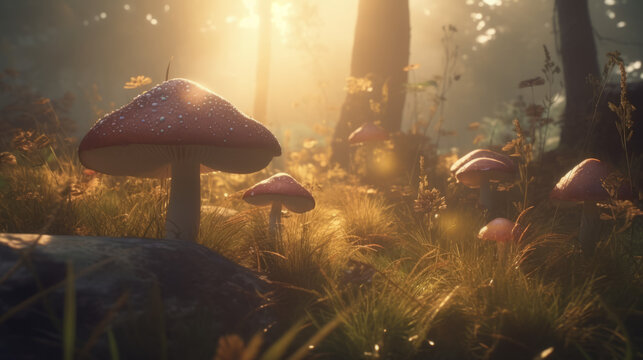 surreal world of wonders. Giant magic mushrooms and toadstools and vibrant colors