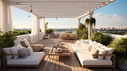 Fototapeta premium A rooftop terrace furnished with plush loungers beneath a pergola.