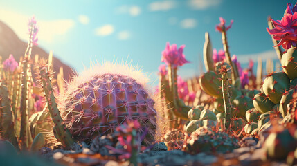 daytime sun in desert with cactus, mountains, colors 3d generative ai